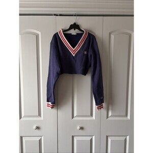 Vintage Women’s Champion Blue Cropped Sweatshirt Red & White Trim Size XS